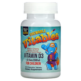 Vitables, Comprimés de vitamine D3 à croquer pour les enfants, Cerise noire, 12,5 µg (500 UI), 90 comprimés à croquer