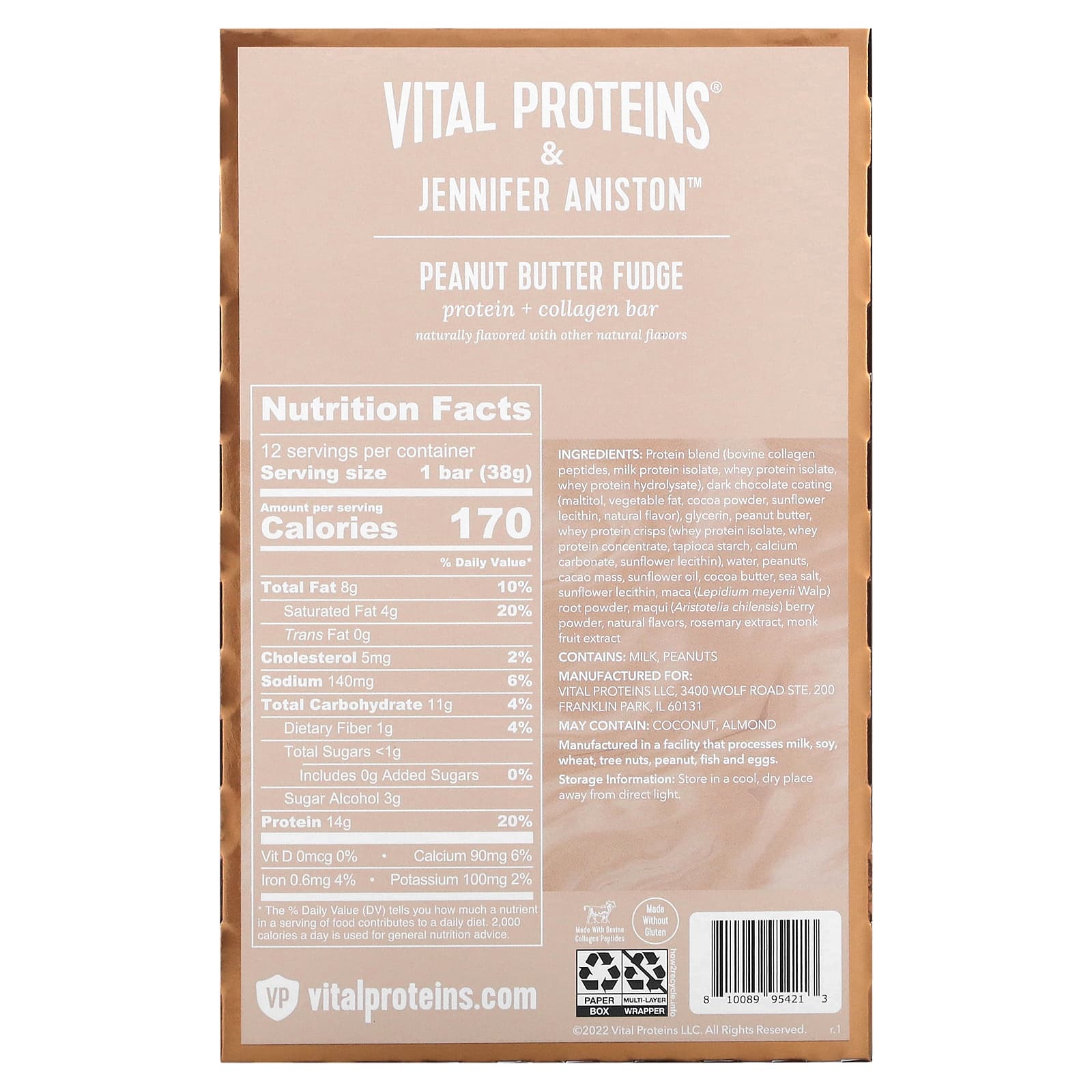 Vital Proteins, Protein + Collagen Bar, Peanut Butter Fudge, 12 Bars, 1