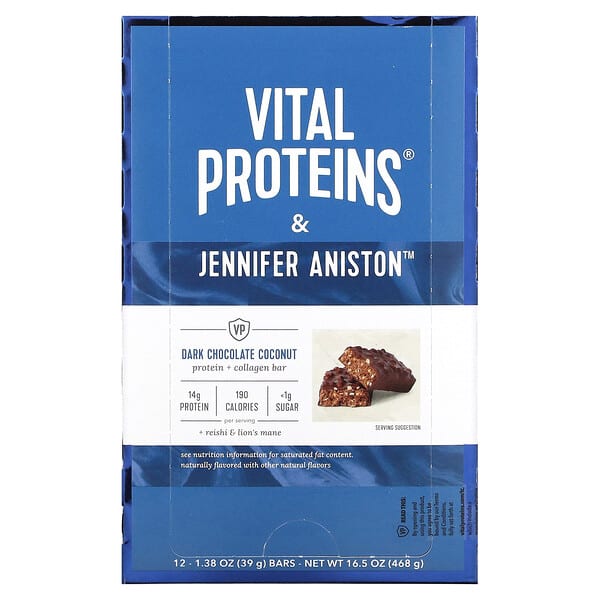 Vital Proteins, プロテイン＋コラーゲンバー、ダークチョコレートココナッツバー、12本、各39g（1.38オンス）