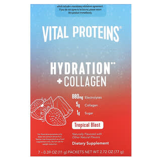 Vital Proteins‏, הידרציה + קולגן, בטעם טרופי, 7 מנות, 11 גרם (0.39 אונקיות) כל אחת