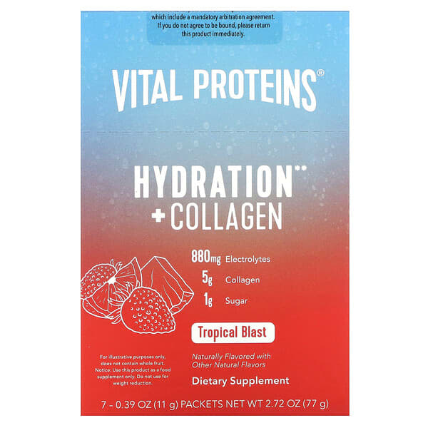 Vital Proteins, 補水 + 膠原蛋白，熱帶風味，7 袋，每袋 0.39 盎司（11 克）