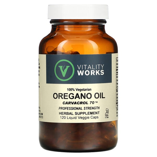 Vitality Works, масло орегано, карвакрол 70, 120 вегетарианских капсул с жидкостью