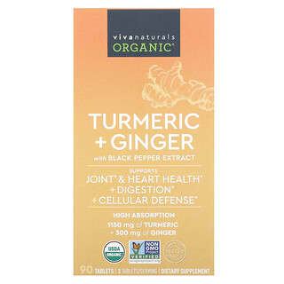 فيفا ناتشرالز‏, Organic, Turmeric + Ginger, 90 Tablets