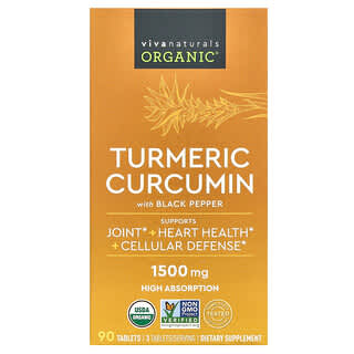 Viva Naturals, Curcumina de Cúrcuma Orgânica com Pimenta-do-reino, 1.500 mg, 90 Comprimidos (500 mg por Comprimido)