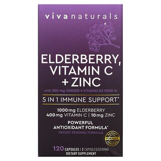 Viva Naturals, Elderberry, витамин C и цинк, поддержка иммунитета 5 в 1, 120 капсул