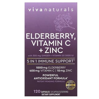 Viva Naturals, 엘더베리, 비타민C + 아연, 5-in-1 면역력 증진, 캡슐 120정