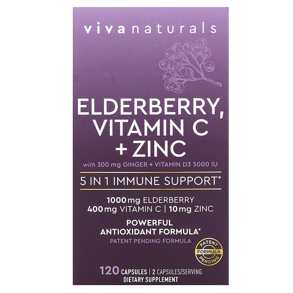 Viva Naturals, Elderberry, Vitamin C + Zinc, 5 in 1 Immune Support, 120 Capsules