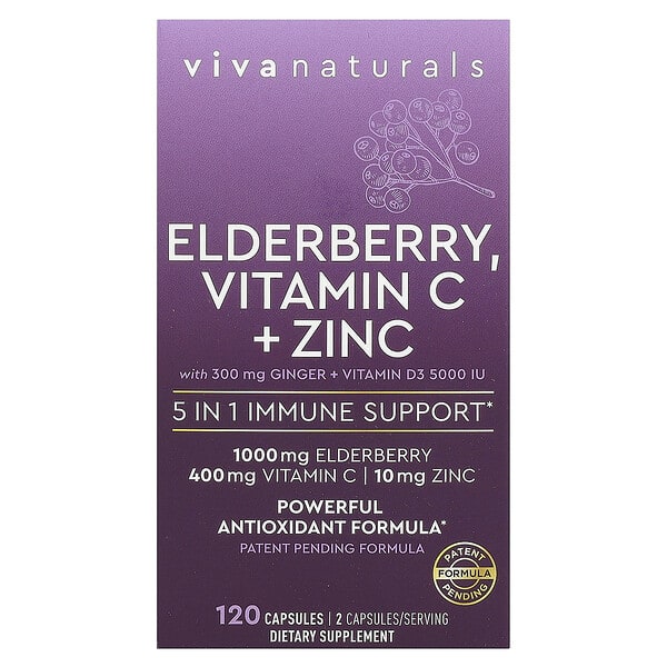 Viva Naturals, 接骨木果，維生素 C + 鋅，5 合 1 機體抵抗幫助，120 粒膠囊