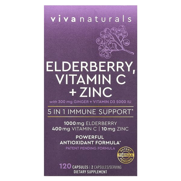 Viva Naturals, 接骨木果，維生素 C + 鋅，5 合 1 機體抵抗幫助，120 粒膠囊