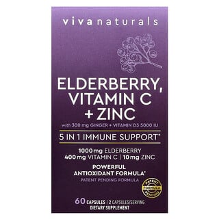 Viva Naturals, Elderberry, Vitamin C + Zinc, 5 in 1 Immune Support , 60 Capsules