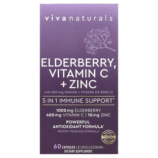 Viva Naturals, 接骨木果，維生素 C + 鋅，5 合 1 機體抵抗幫助，60 粒膠囊