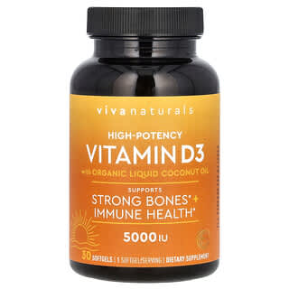 Viva Naturals, Vitamina D3 de alta potencia, Con aceite de coco orgánico líquido, 5000 UI, 30 cápsulas blandas