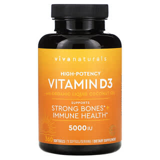 Viva Naturals, Vitamina D3 com Óleo de Coco Líquido Orgânico, Alta Potência, 5.000 UI, 360 Cápsulas Softgel