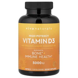Viva Naturals, Vitamin D3 with Organic Liquid Coconut Oil, High-Potency, 5,000 IU, 360 Softgels