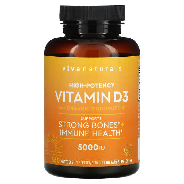Viva Naturals, Vitamin D mit Bio-Kokosnussöl, hochwirksam, 5.000 IE, 360 Weichkapseln