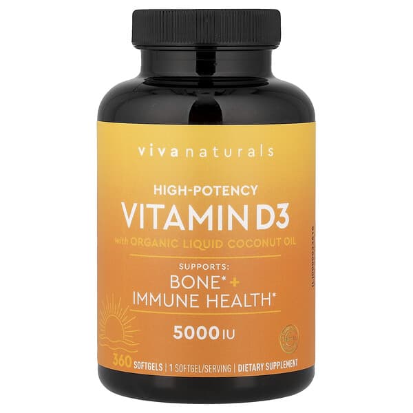 Viva Naturals, 維生素 D3 與有機液體椰子油，優效，5000 國際單位，360 粒軟膠囊