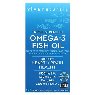 Viva Naturals, Huile de poisson riche en oméga-3, Triple efficacité, 2500 mg, 180 capsules à enveloppe molle (1250 mg pièce)