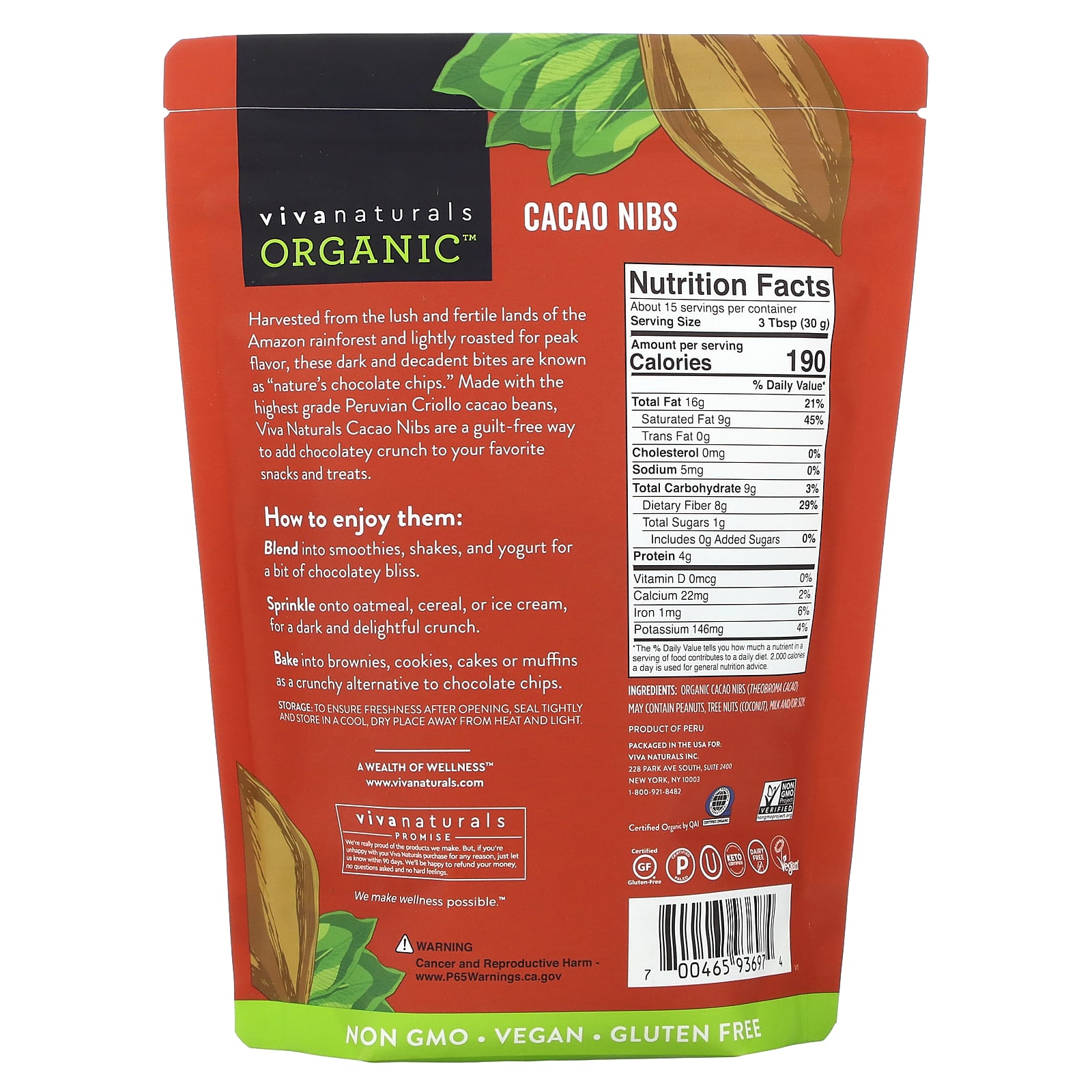 Viva Naturals, Organic Cacao Nibs , 1 Lb (454 G)