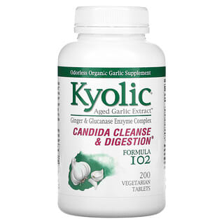 Kyolic, Extracto de ajo añejo, Limpieza y digestión de cándida, Fórmula 102, 200 comprimidos vegetales