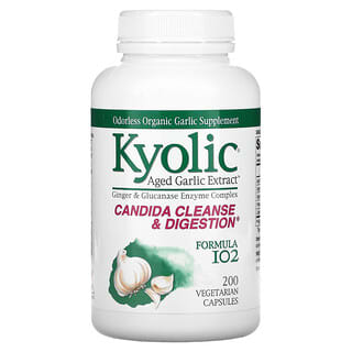 Kyolic, Aged Garlic Extract،‏ للتخلص من فطريات المبيضات وتعزيز عملية الهضم، التركيبة 102، 200 كبسولة نباتية