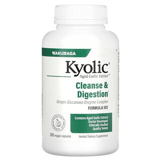 Kyolic, Aged Garlic Extract،‏ للتخلص من فطريات المبيضات وتعزيز عملية الهضم، التركيبة 102، 200 كبسولة نباتية