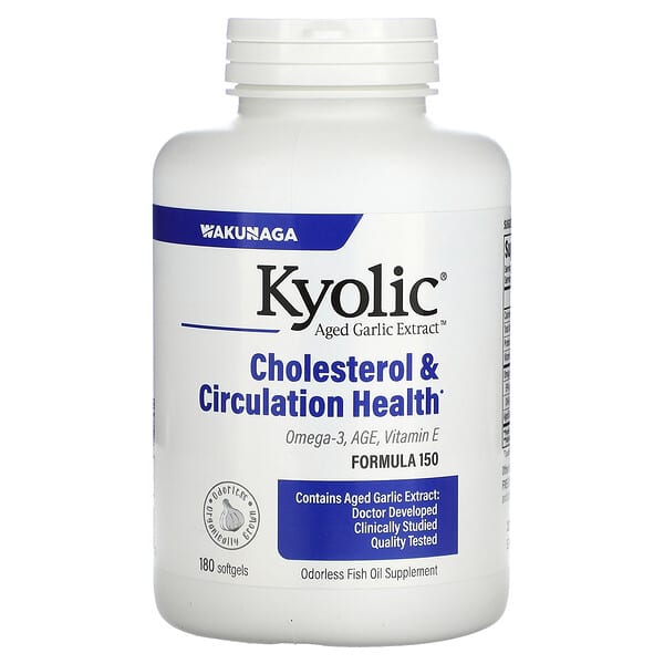 Kyolic, Aged Garlic Extract, омега-3, підтримка рівня холестерину та здорового кровообігу, 180 капсул