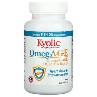 Kyolic, Omeg.AGE, Omega-3 + AGE, D3, K2, E y B6, 9, 12, Salud cardíaca, ósea e inmunitaria, 90 cápsulas blandas