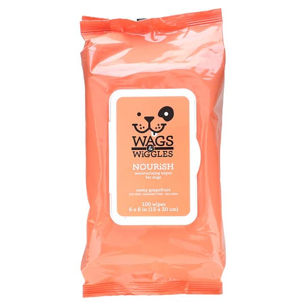 Wags &amp; Wiggles, Nourish, Moisturizing Wipes For Dogs, Zesty Grapefruit, 100 Wipes