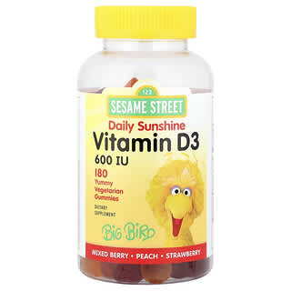 Webber Naturals, Sesame Street®（セサミ・ストリート）、ビタミンD3グミ、ミックスベリー ピーチ ストロベリー、600 IU、植物性グミ180粒