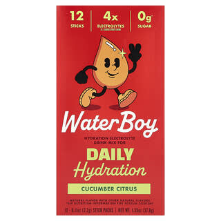 Waterboy, Hidratación diaria, Mezcla para preparar bebidas con electrolitos, Pepino y cítricos, 12 sobrecitos, 3,2 g (0,11 oz) cada uno
