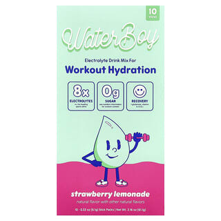 Waterboy, Hydratation pendant l'entraînement, Mélange à boire enrichi en électrolytes, Limonade à la fraise, 10 sticks, 6,1 g chacun