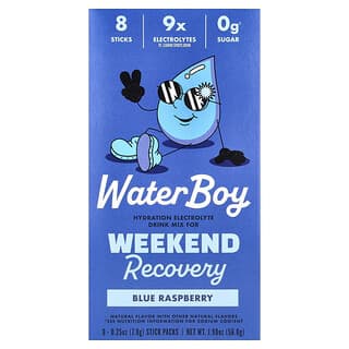 Waterboy, Récupération le week-end, Mélange à boire enrichi en électrolytes, Framboise bleue, 8 sticks, 7 g chacun