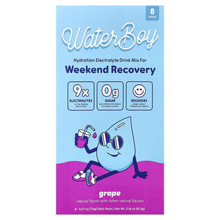Waterboy, Weekend Recovery, Miscela per bevande con elettroliti idratanti, uva, 8 bustine, 7,6 g ciascuna