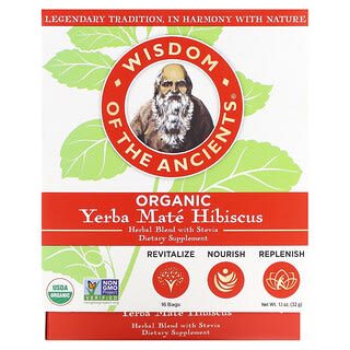 Wisdom Of The Ancient, Yerba Maté Hibiscus biologique, Mélange à base de plantes et de stévia, 16 sachets, 32 g