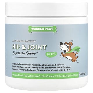 Wonder Paws, Advanced Mobility, Cadera y articulaciones, Masticables de superhéroes para perros, Todas las edades, Pollo, 90 bocadillos masticables blandos, 225 g (7,93 oz)