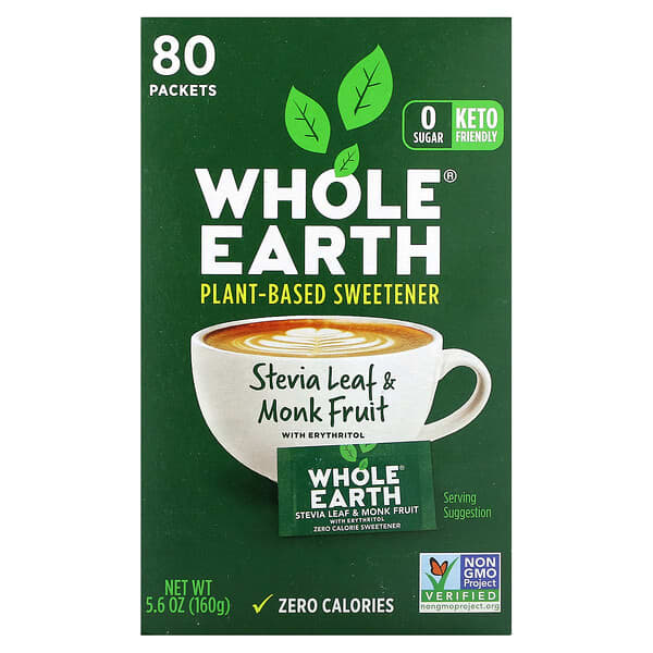 Whole Earth, 스테비아 잎 & 나한과, 에리스리톨 함유, 80팩, 160g(5.6oz)
