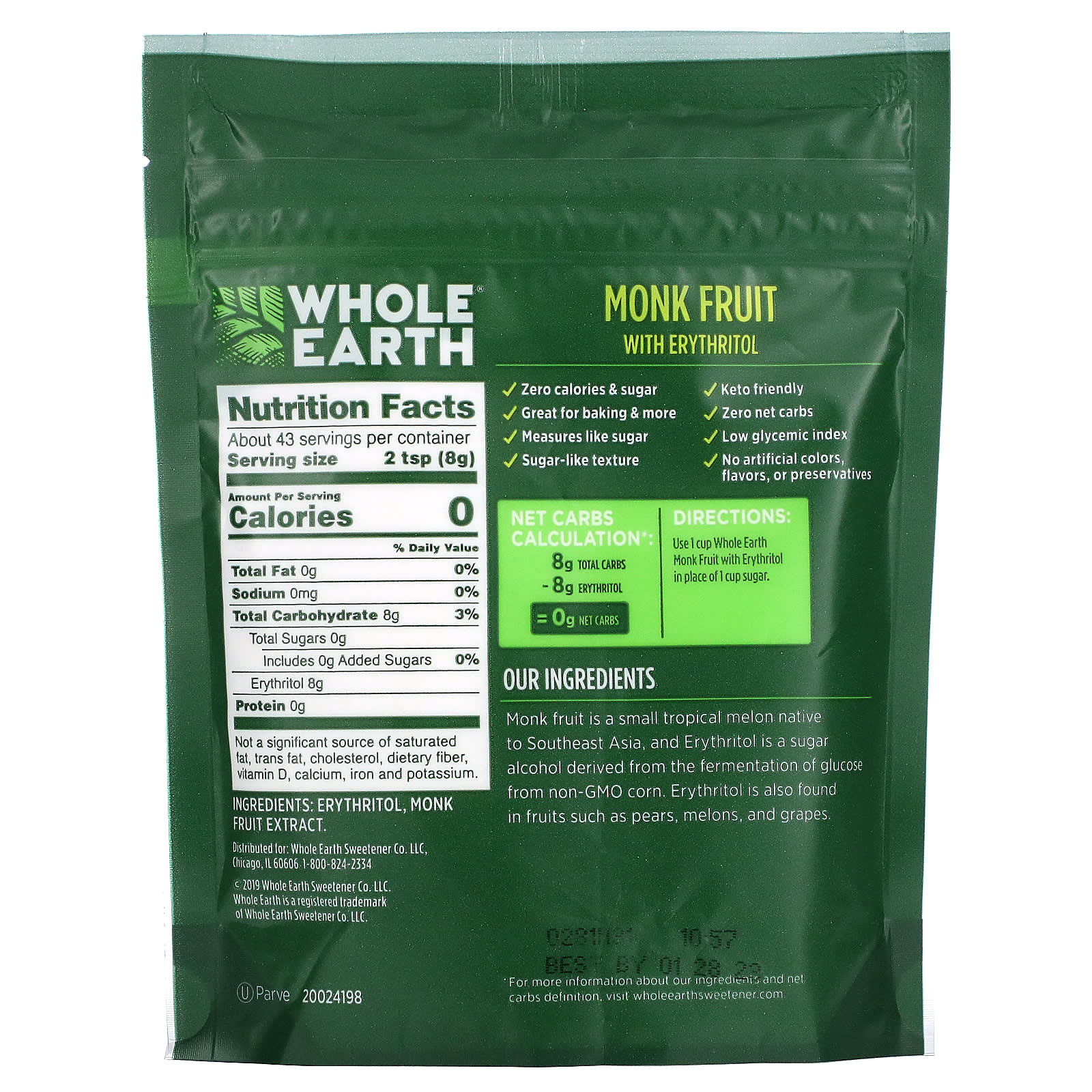 Whole Earth Plant Based Sugar Alternative Monk Fruit With Erythritol