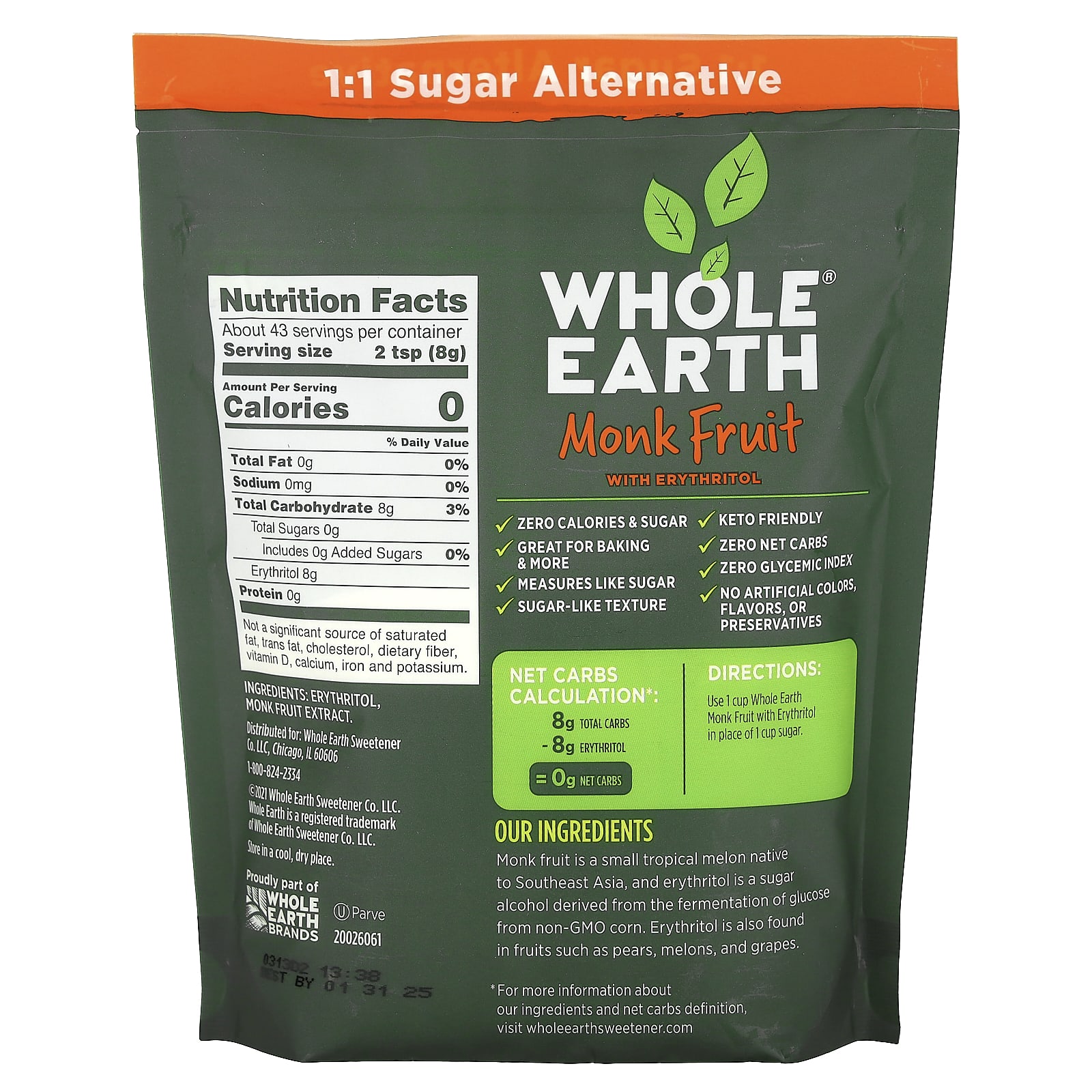 Whole Earth, Monk Fruit with Erythritol, 12 oz (340 g)
