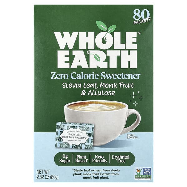 Whole Earth, 스테비아 잎, 나한과 & 알룰로스, 80팩, 80g(2.82oz)