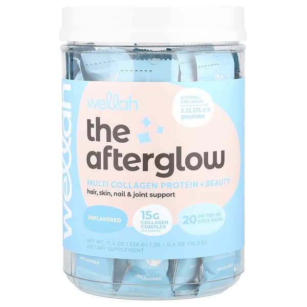 Wellah, Afterglow, 멀티 콜라겐 프로틴 + 뷰티, 무맛, 스틱팩 20개, 개당 16.2g(0.6oz)
