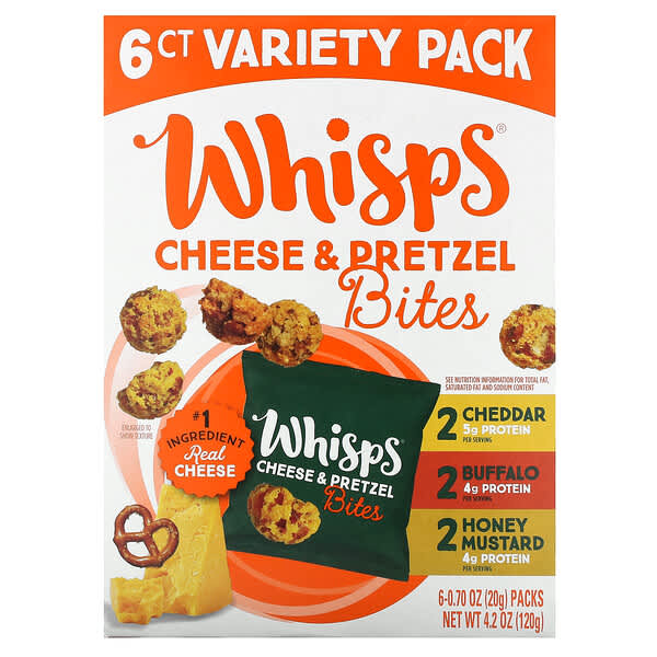 Whisps, Cheese & Pretzel Bites, Variety Pack, 6 Snack Packs, 0.7 oz (20