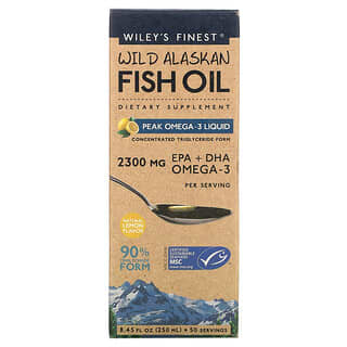Wiley's Finest, рыбий жир из дикой рыбы Аляски, жидкий, с максимальным содержанием омега-3, натуральный лимонный вкус, 250 мл (8,45 жидк. унции)