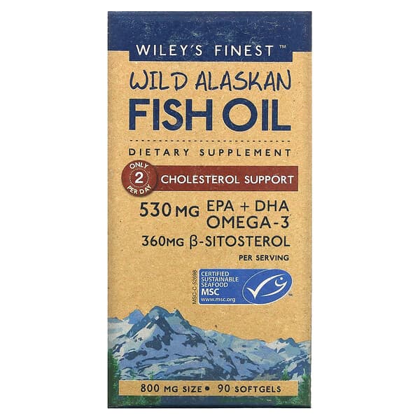 Wiley's Finest‏, Wild Alaskan Fish Oil, Cholesterol Support, 800 mg, 90 Softgels