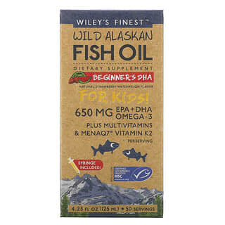 Wiley's Finest, 와일드 알래스카 피쉬 오일, 어린이용!, 초보자용 DHA, 천연 딸기 수박 맛, 650mg, 4.23fl oz(125ml)