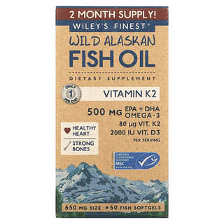 Wiley's Finest, Óleo de Peixe Selvagem do Alasca, Vitamina K2, 60 Cápsulas Softgel de Óleo de Peixe