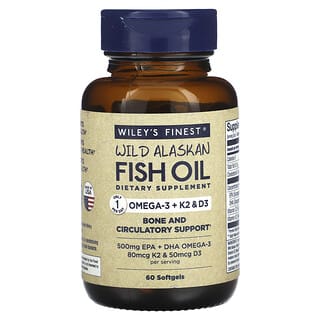 Wiley's Finest (ويليز فاينست)‏, زيت سمك ألاسكا البري ، أوميجا 3 + ك 2 وفيتامين د 3 ، 60 كبسولة هلامية من السمك