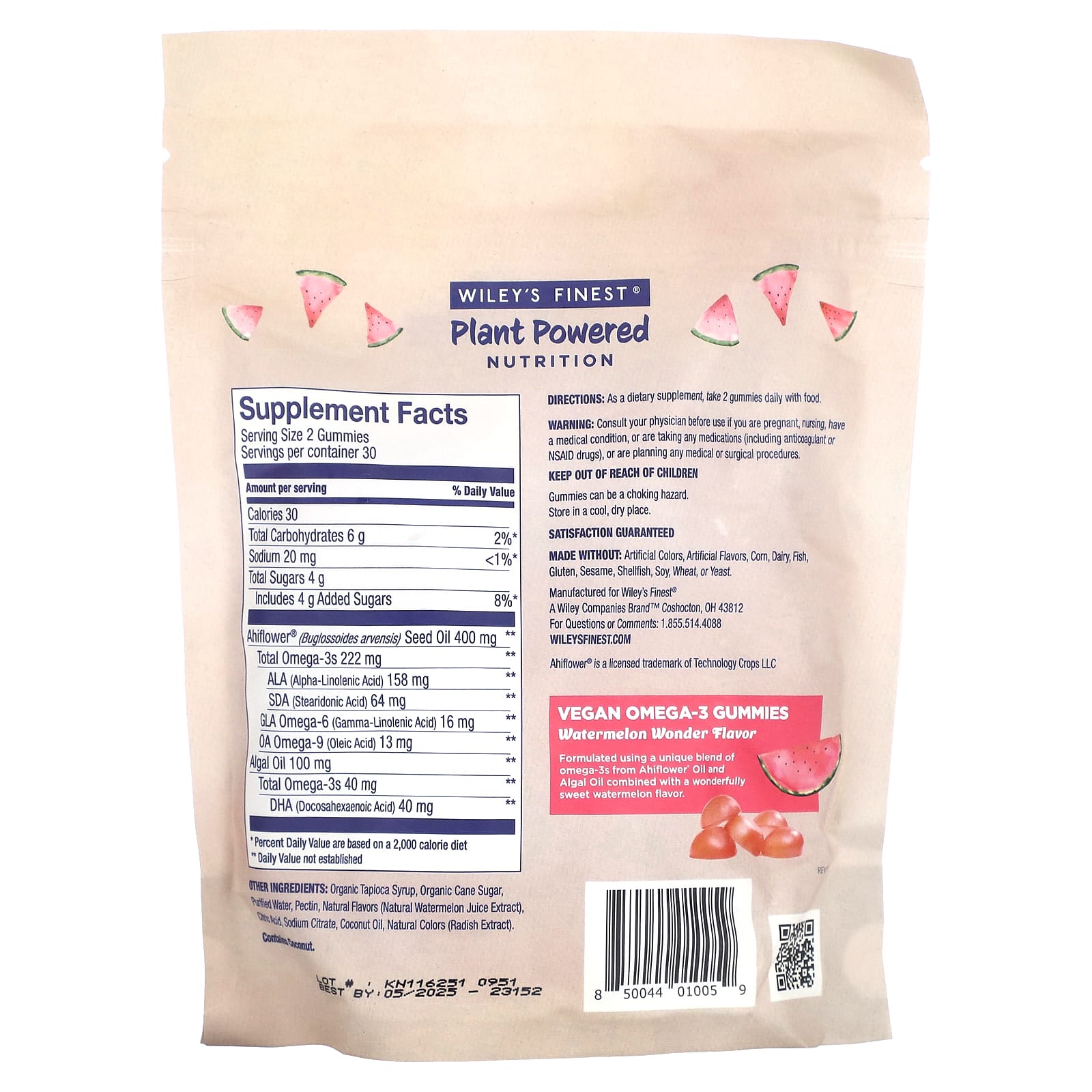 Wiley's Finest, Plant Powered Nutrition, Vegan Omega3 Gummies, Watermelon Wonder, 262 mg, 60