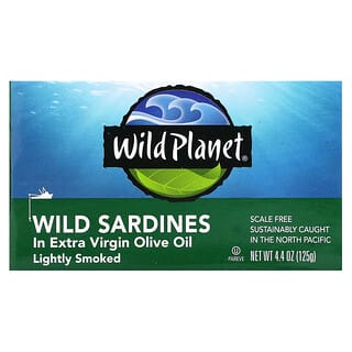 Wild Planet, Sardines sauvages à l'huile d'olive extra vierge, légèrement fumée, 125 g (4,4 oz)