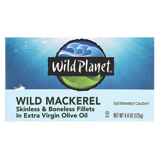 Wild Planet, Maquereau sauvage, Filets sans peau et désossés dans de l'huile d'olive extra vierge, 125 g