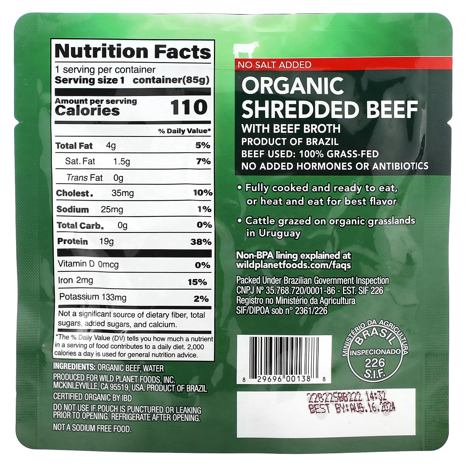 Wild Organic Shredded Beef with Beef Broth, No Salt Added, 3 oz